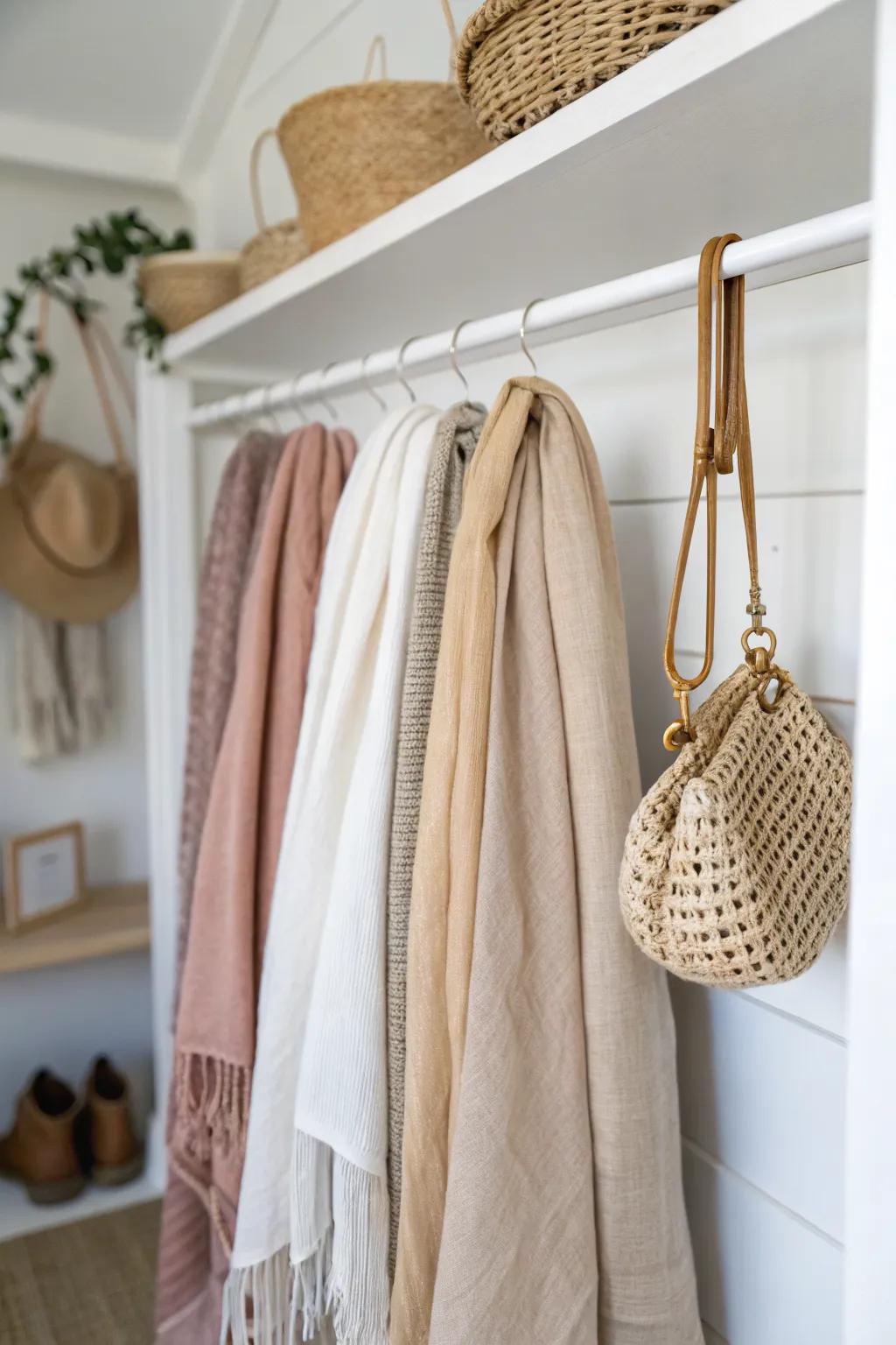 No-drill tension rod turns a closet side wall into a chic scarf rail for tiny spaces.