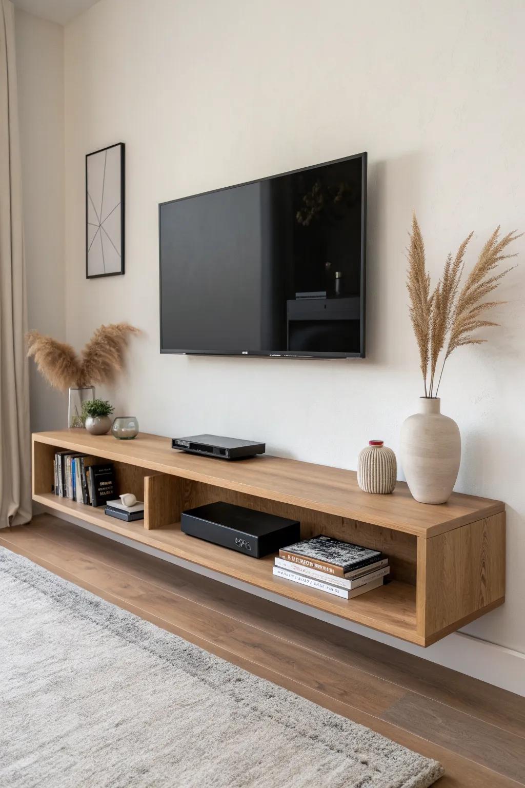 Wall-mount the TV and add a floating console for a clean, floor-saving studio setup.