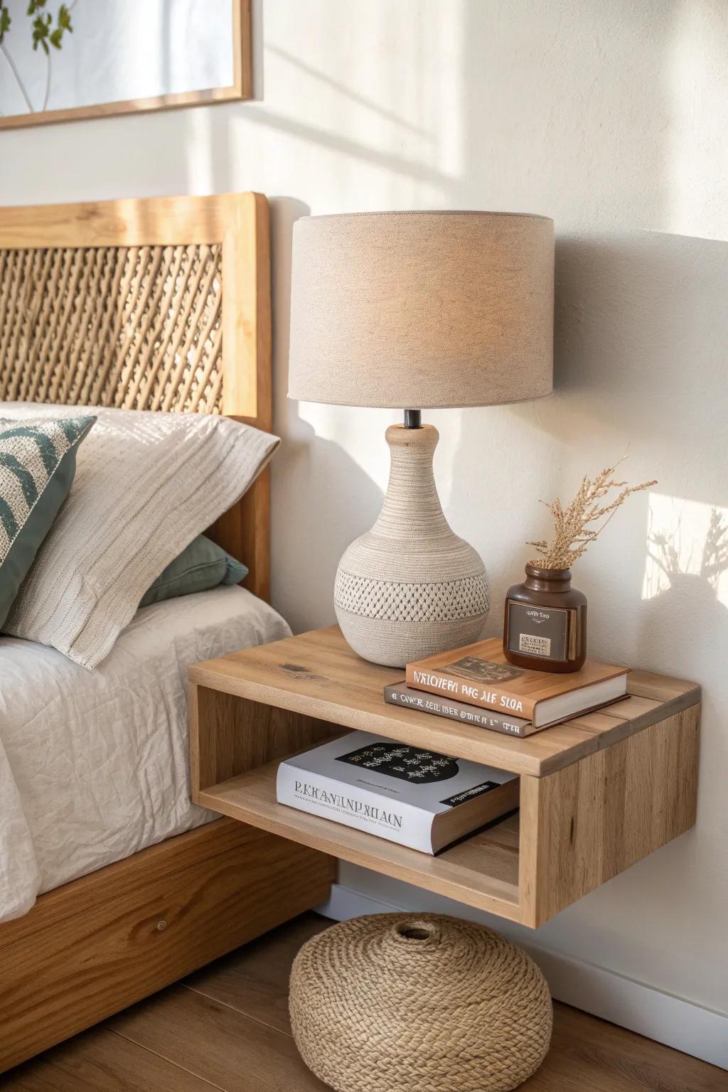 Swap bulky nightstands for a floating shelf to free floor space and keep the nook airy.