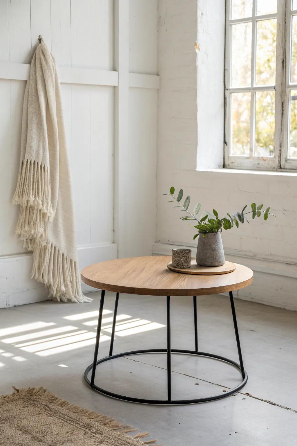 A visually light open-base coffee table keeps your studio feeling airy, open, and calm.