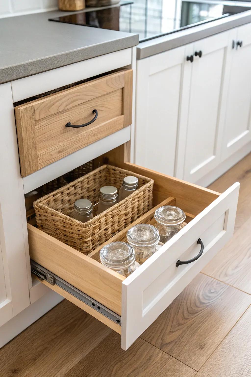 Pull-out organizer turns a tiny studio kitchen cabinet into tidy, easy-to-reach storage.