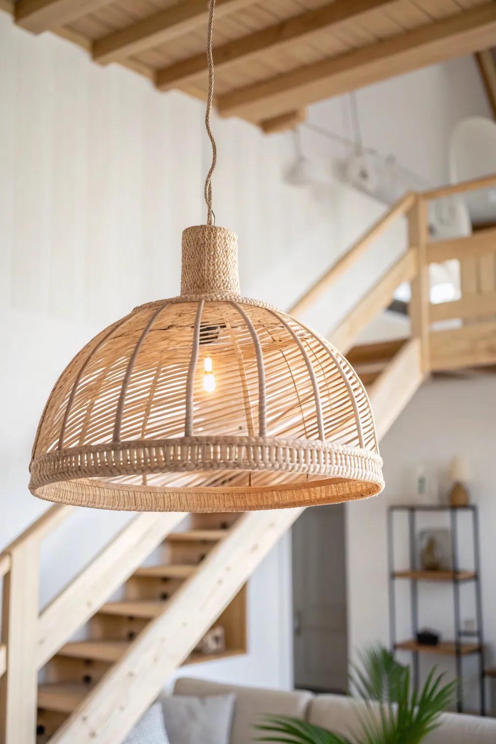 One statement pendant sets warm, layered light for both loft levels—minimal, cozy, and airy.