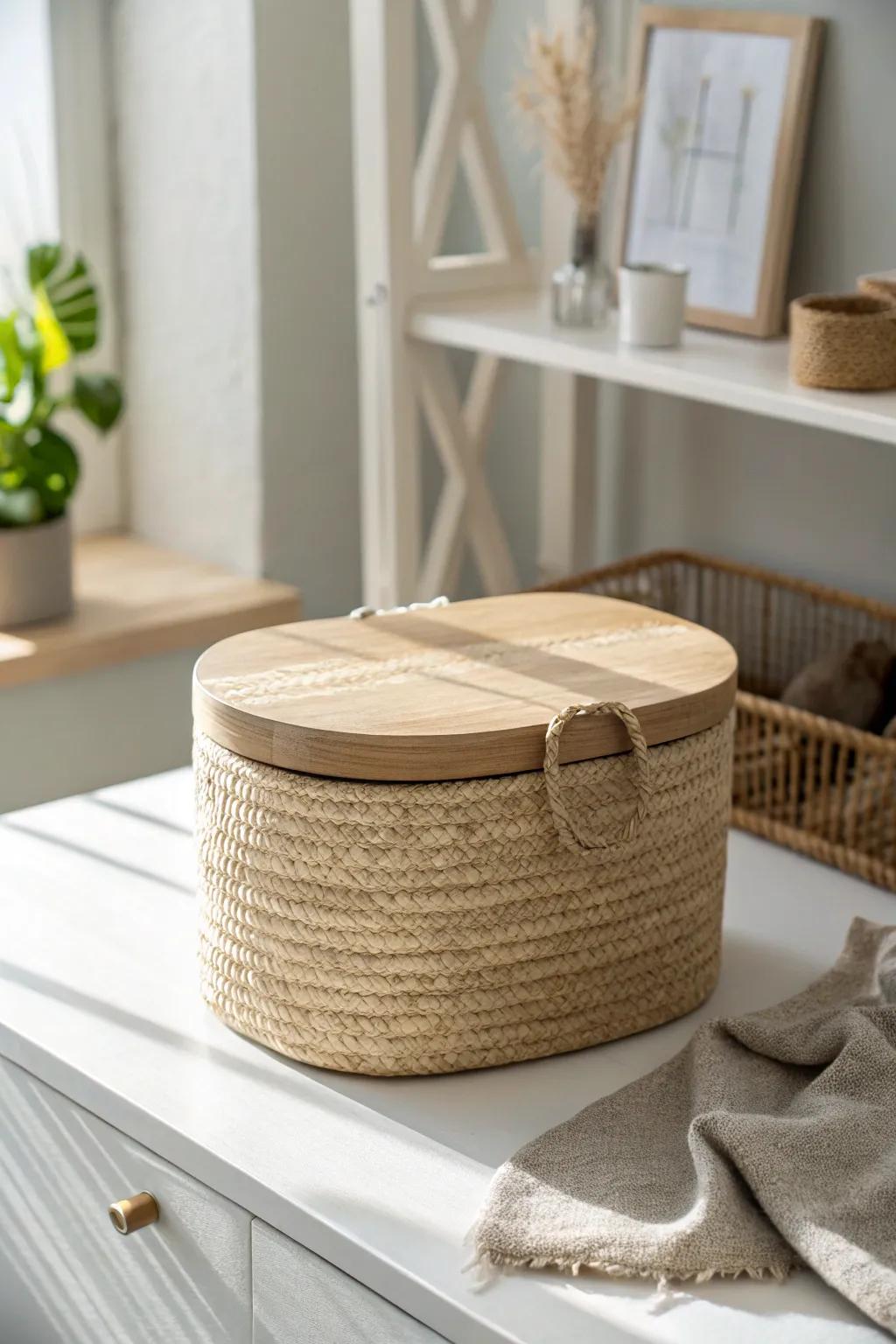 A lidded woven bin that hides papers and chargers fast—two-minute reset for guests.