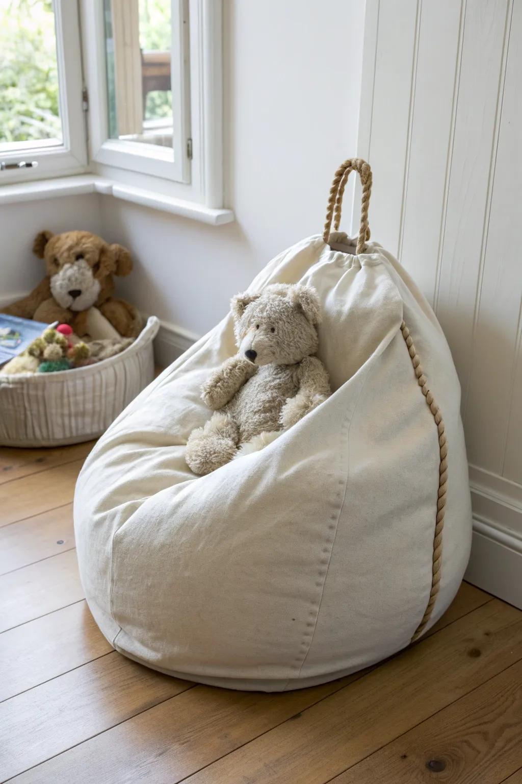 A stealthy bean bag cover that hides plushies inside—instant cozy seating for small spaces.