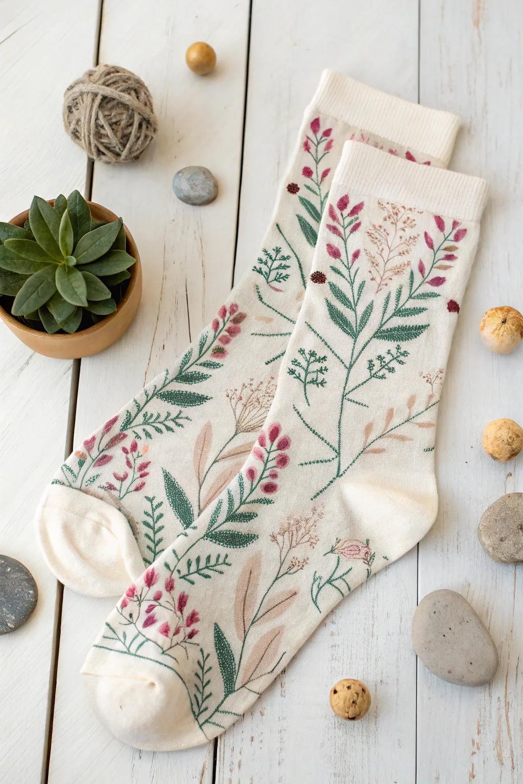 Embrace the tranquility of nature with every step in these artistically crafted socks.