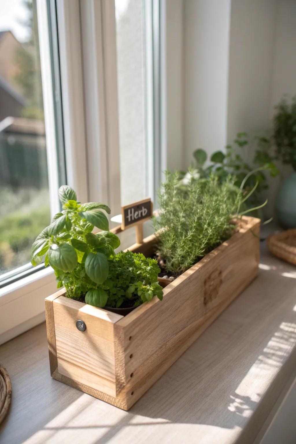 Sunlit herb window box: basil, thyme, rosemary & mint for tiny-kitchen summer meals.