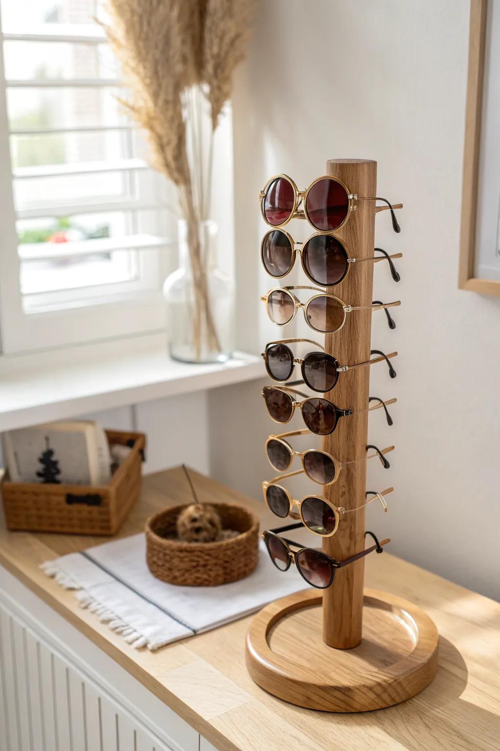 Spin to pick your pair: a rotating countertop stand that stores sunglasses without taking space.