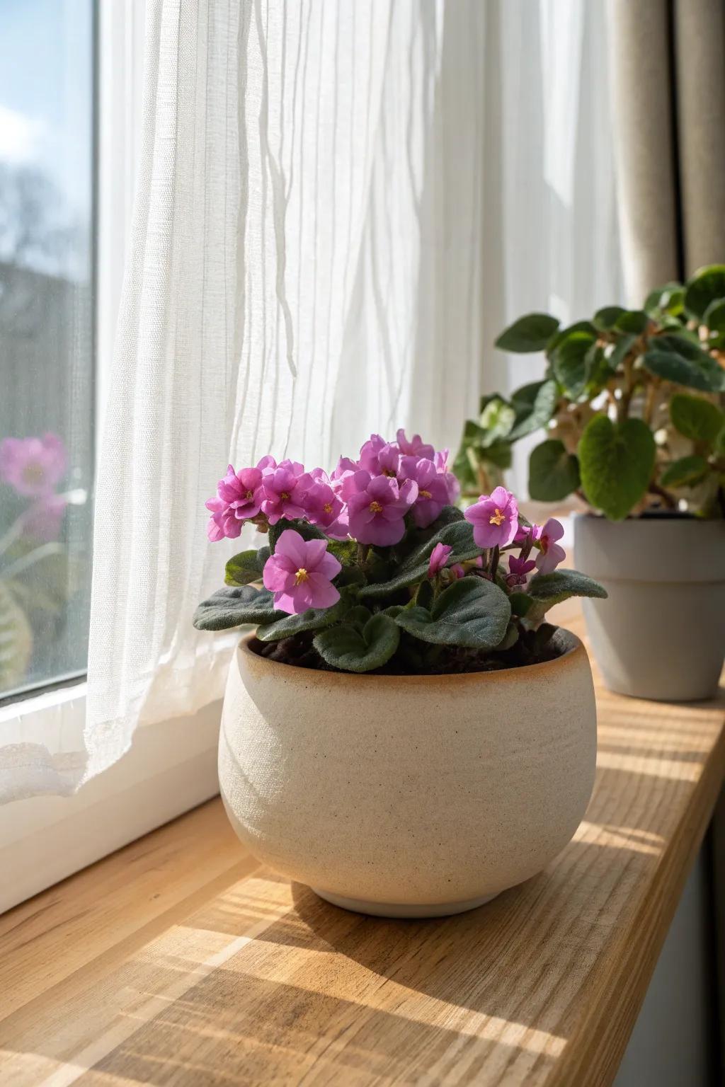 A small sunroom “bloom zone”: clustered African violets for color without clutter.