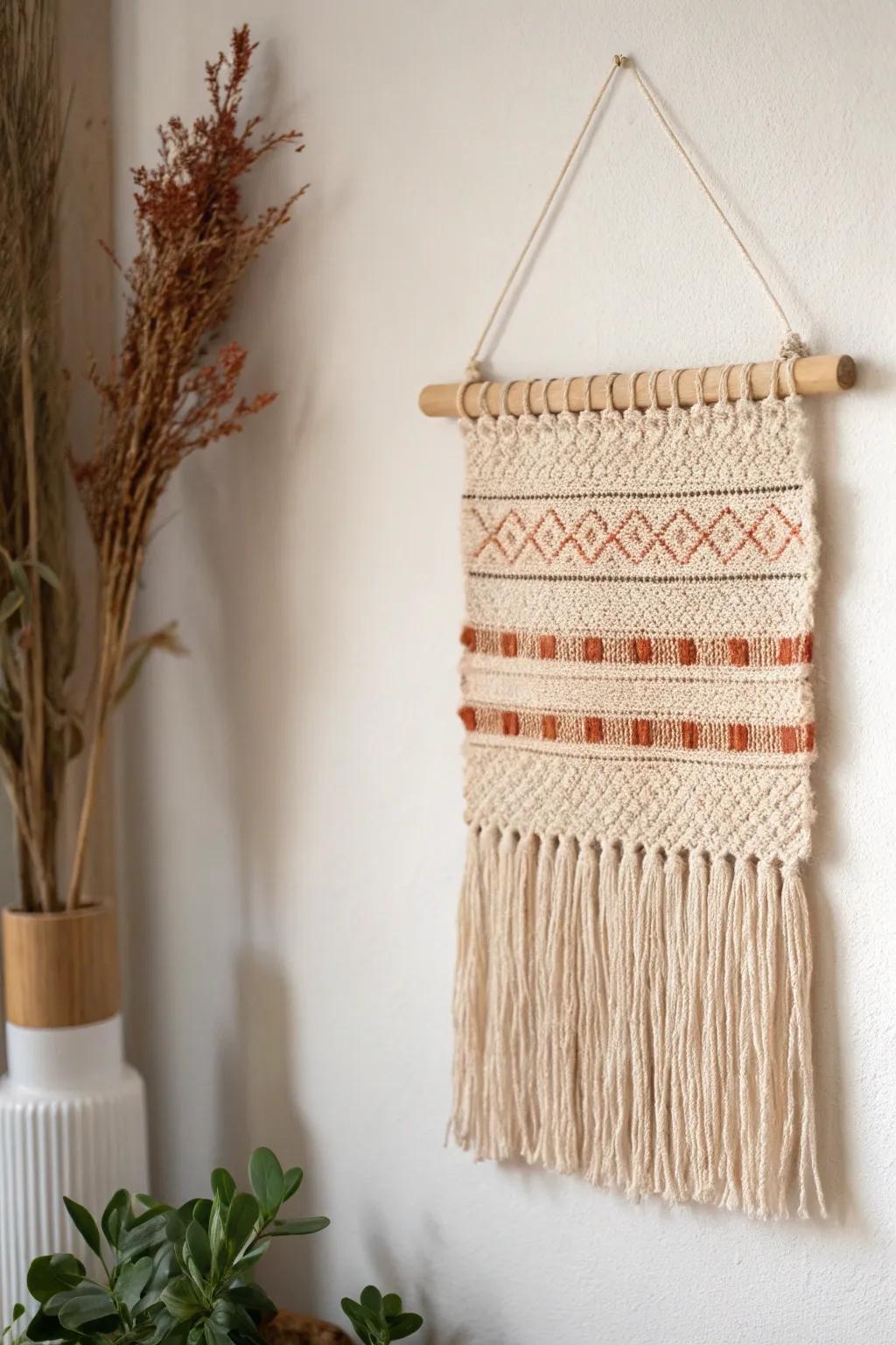 Layer a petite tapestry with simple frames for a collected gallery-wall look—no clutter.