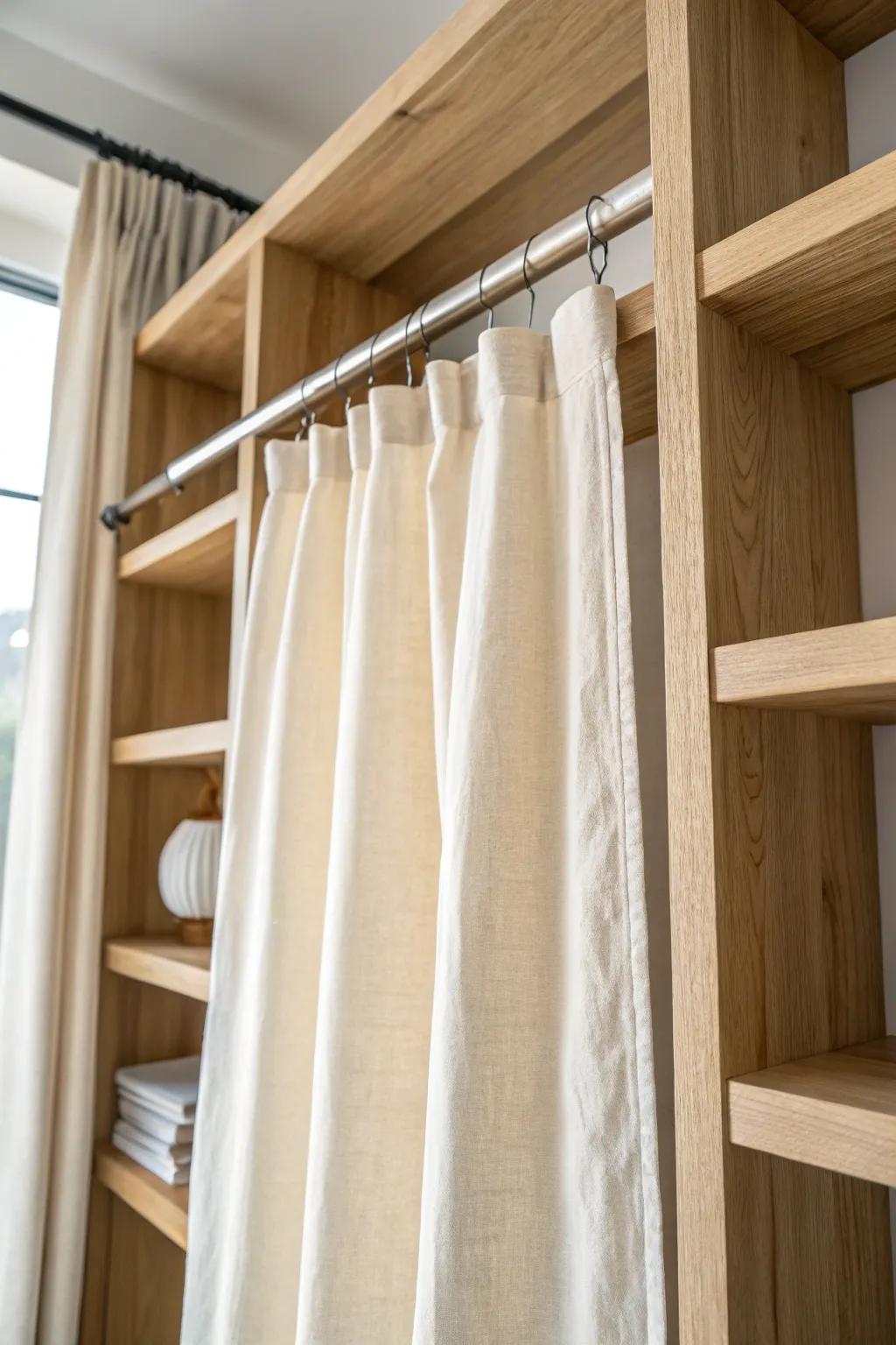 Hide shelf clutter in seconds with a soft linen tension-rod curtain—minimal, cozy, chic.