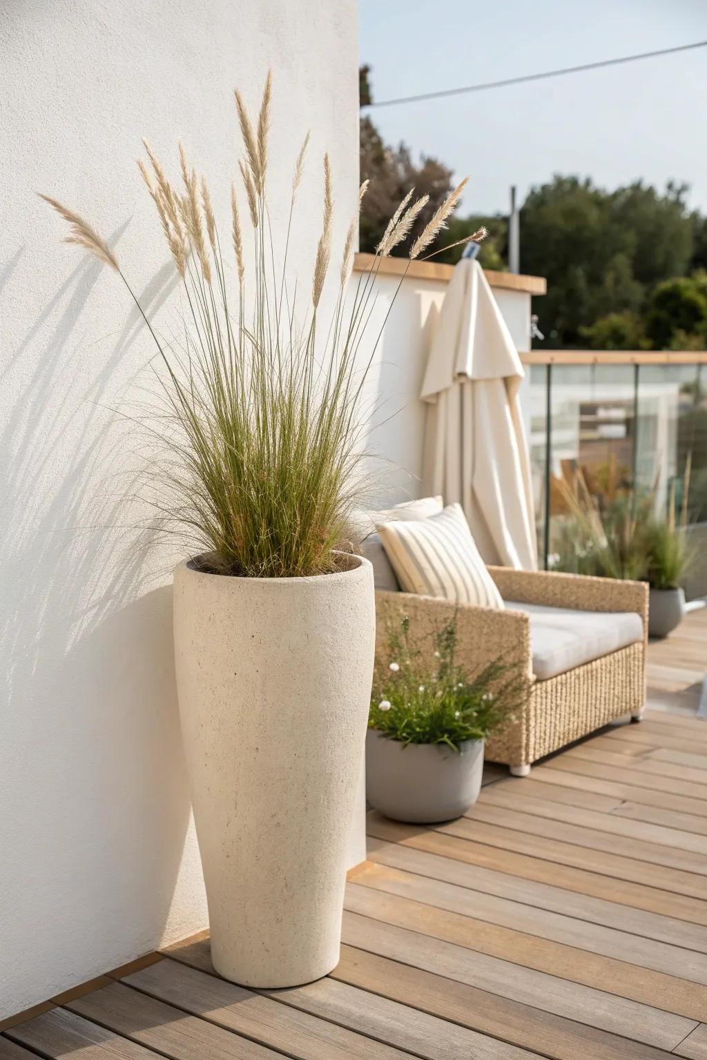 A tall handcrafted planter with airy grasses gives instant terrace privacy—no solid screens needed.