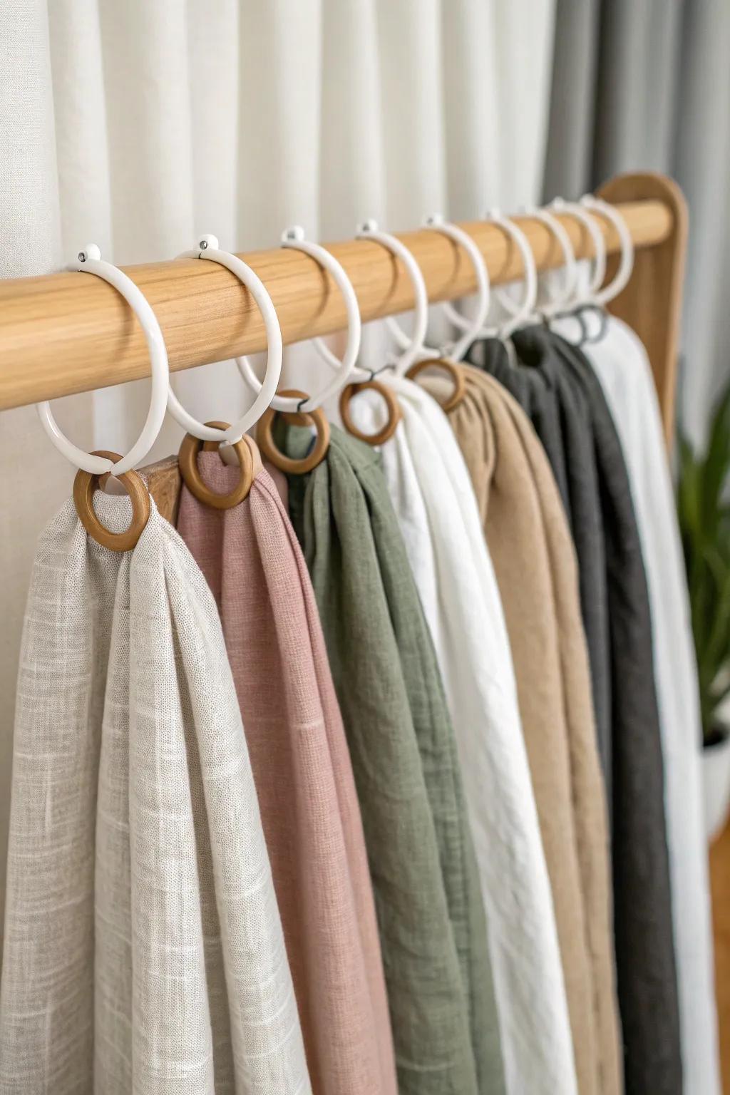 Budget chic tie storage: shower rings on a hanger keep every tie visible and tangle-free.