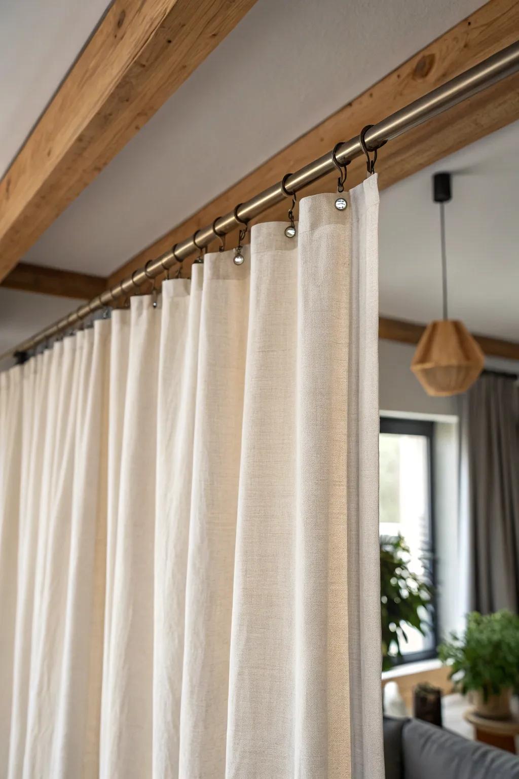 Ceiling-mounted linen curtain divider for instant tiny-bedroom privacy—cozy, calm, renter-friendly.