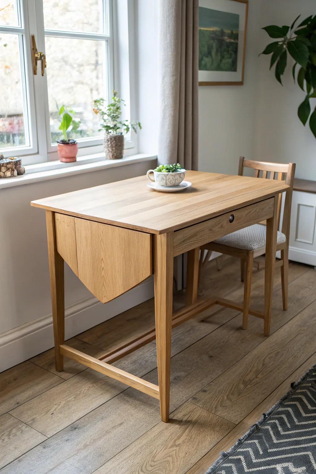 Drop-leaf table magic: slim console by day, full dining surface when you need it.