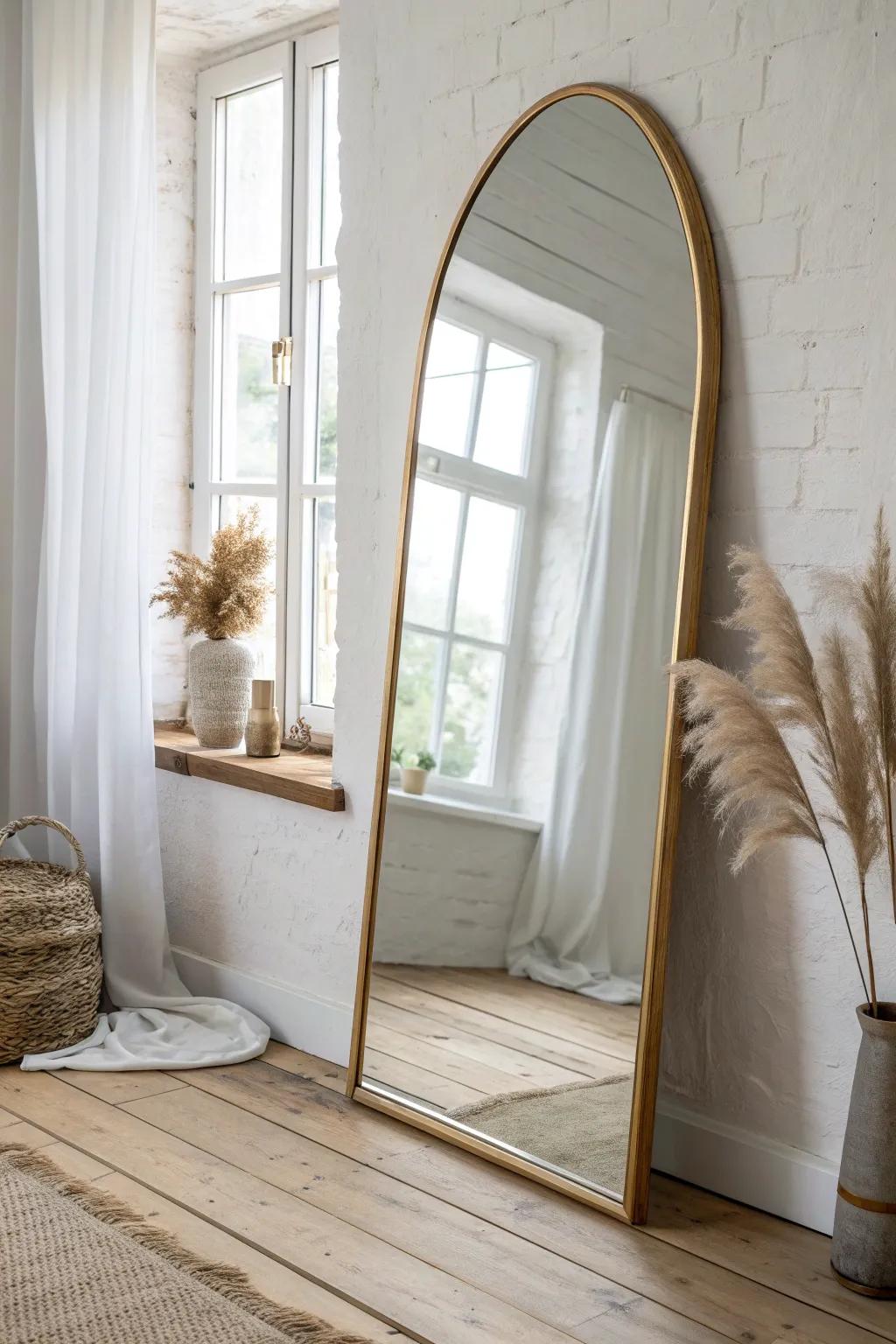 One oversized mirror opposite a window doubles the daylight—budget magic for tiny homes.