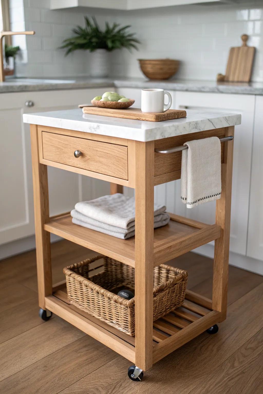 A slim rolling prep cart adds instant workspace—then tucks away when you’re done.