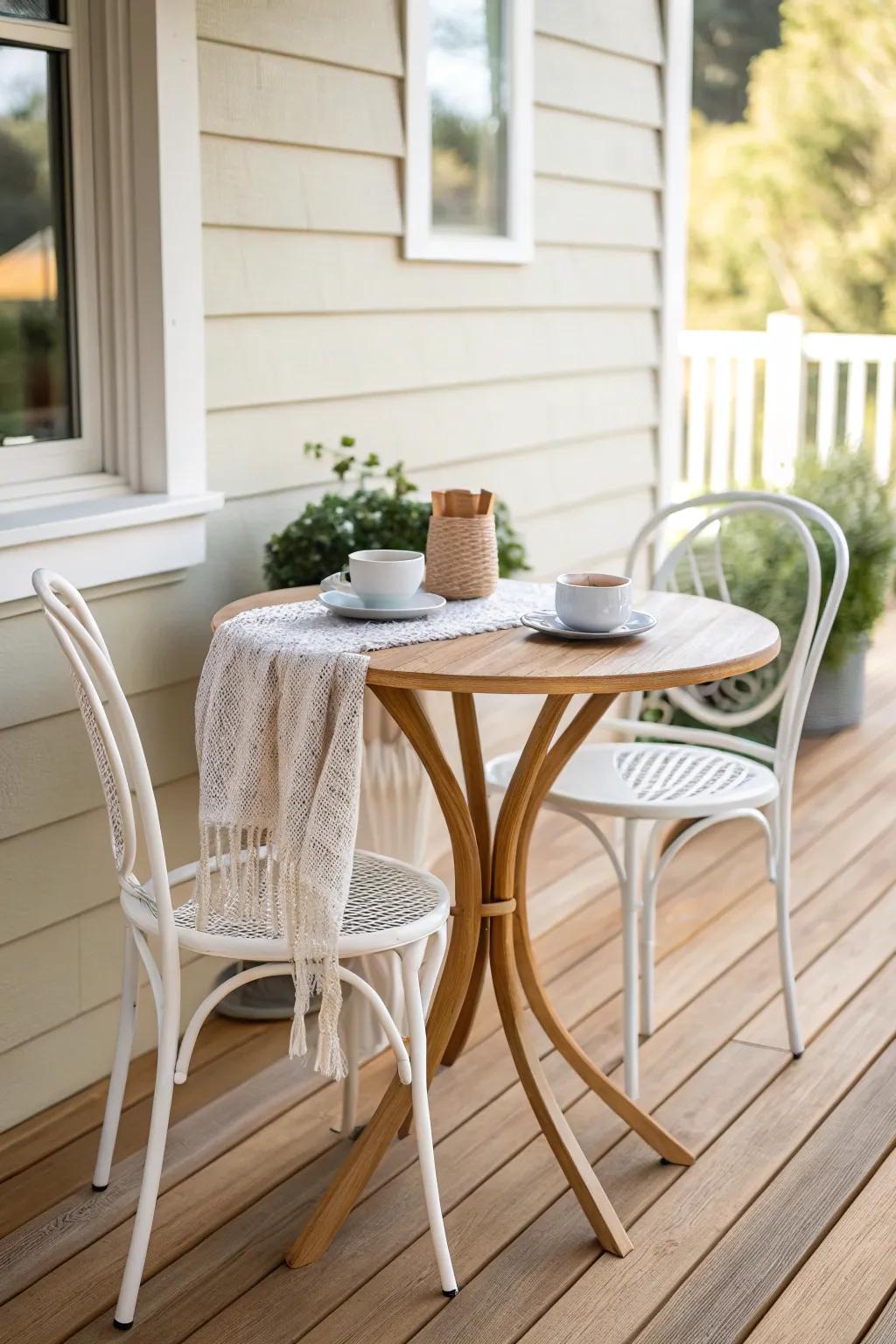 A tiny bistro corner turns one deck corner into an airy, patio-like dining spot.