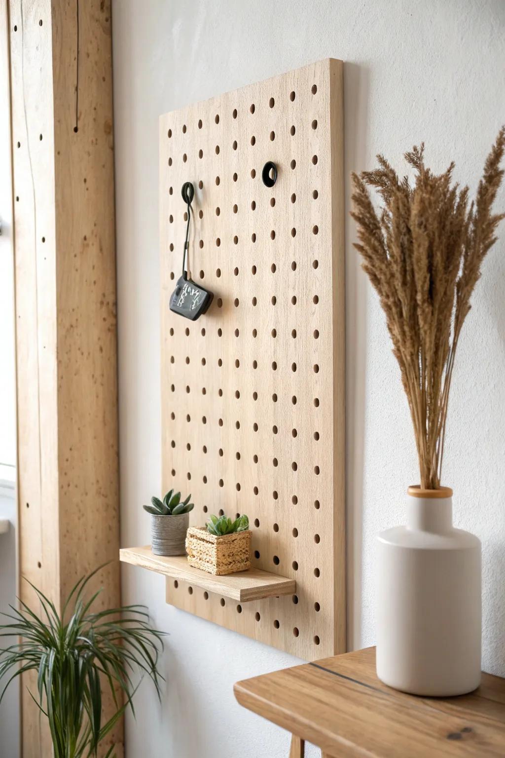 A birch pegboard wall that shifts with your needs—minimal, beautiful, and tiny-home smart.