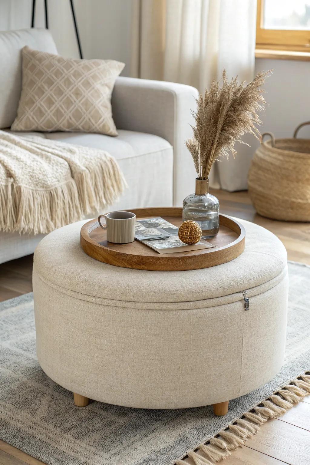 A storage ottoman that doubles as coffee table + hidden stash—perfect for calm tiny spaces.