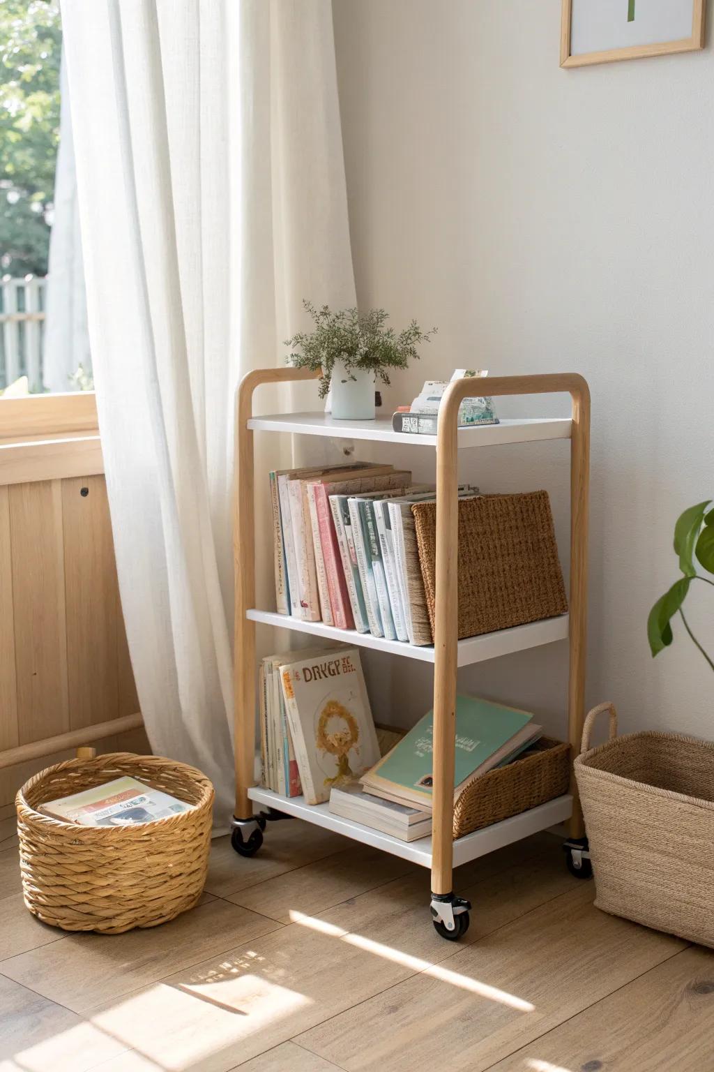 A rolling book cart that tucks into a tiny corner—easy to park, easy to move for playtime.