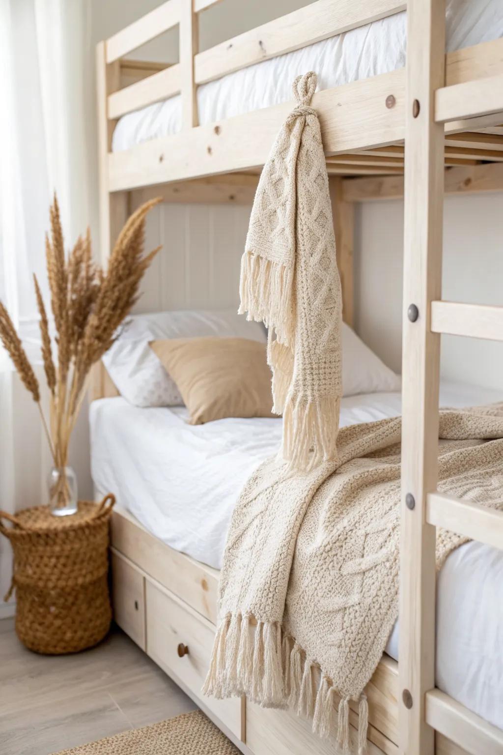 Soft neutrals and natural textures make a top bunk feel airy, taller, and lighter.