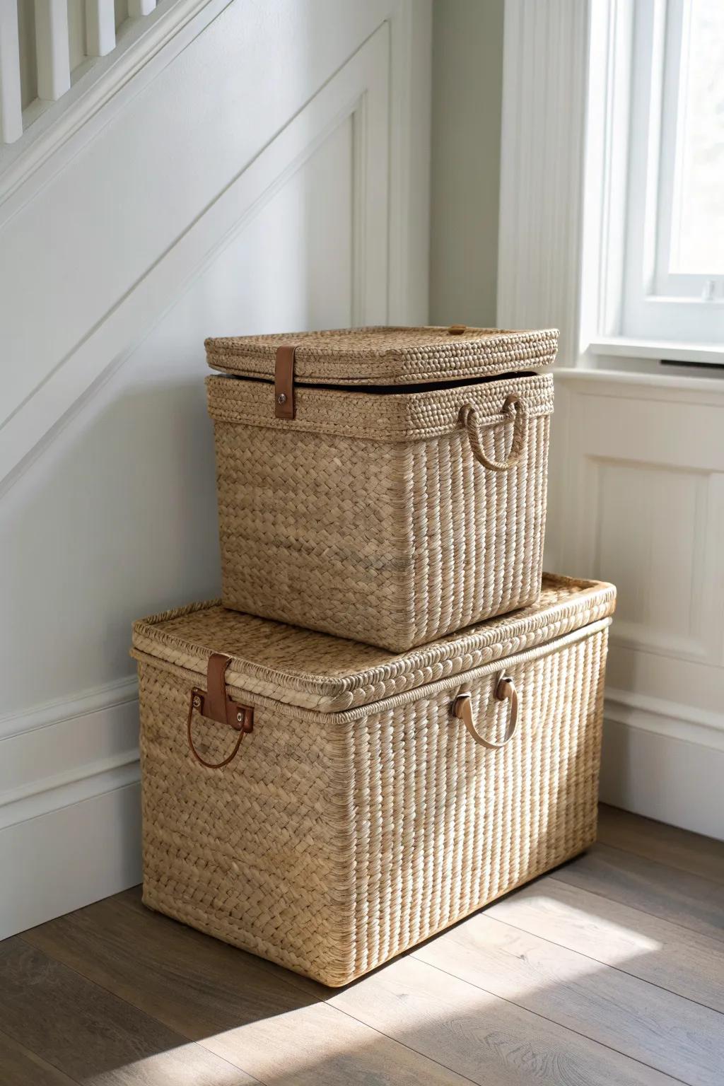 Stacked lidded totes make a chic, clutter-free entryway drop zone for tiny spaces.