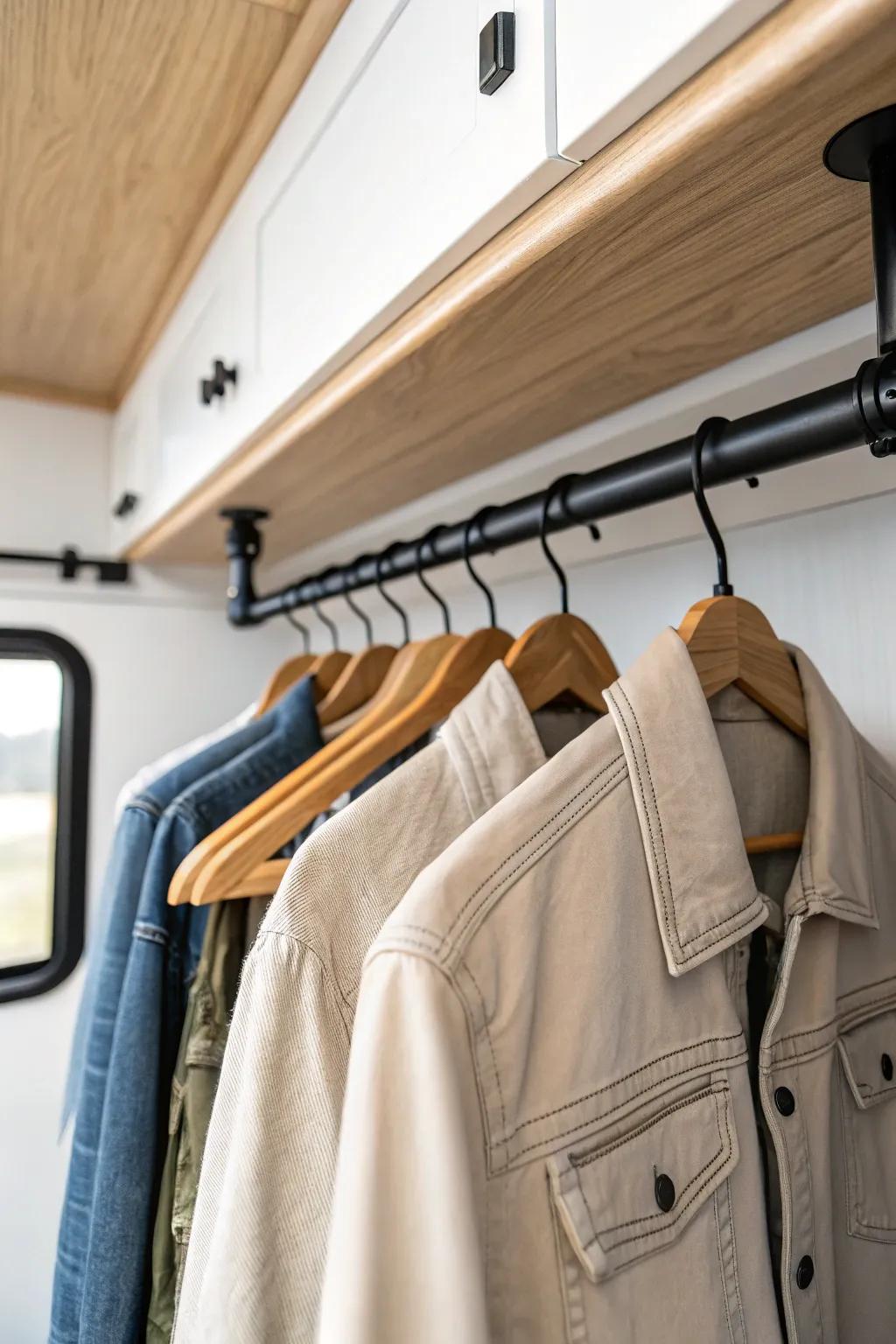 A sleek under-cabinet closet rod keeps riding gear tidy and drip-dries layers in small spaces.