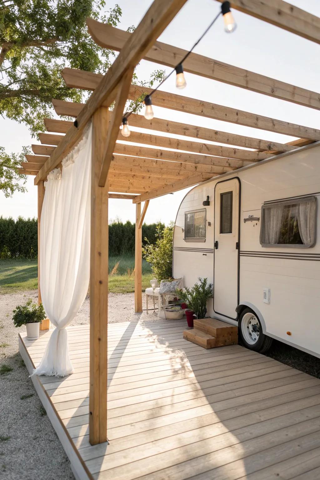 Light-wood pergola shade that keeps a trailer porch bright and breezy—instant outdoor room vibes.