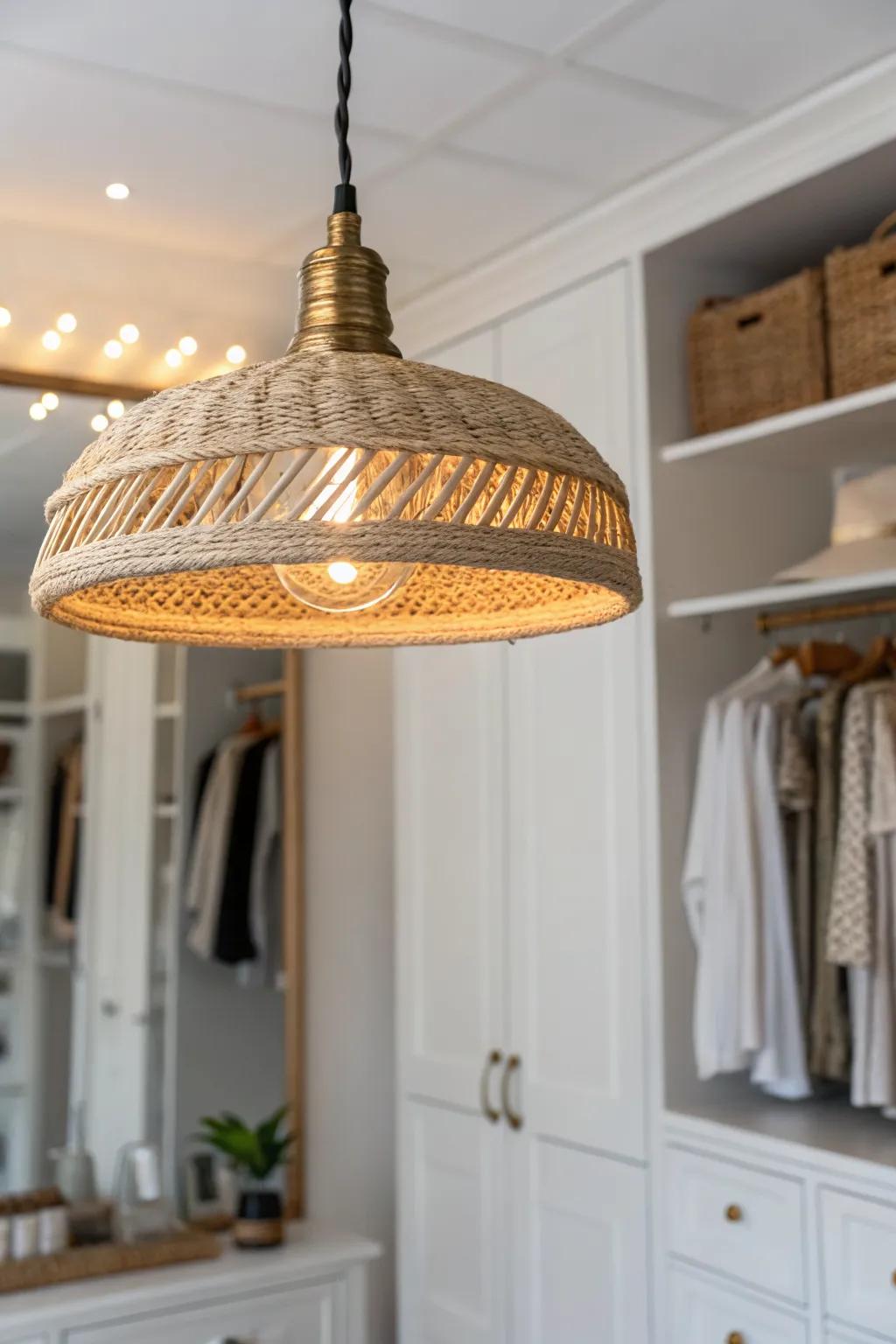 Boutique-style closet lighting: warm brass + rattan pendant glow that elevates a tiny space.