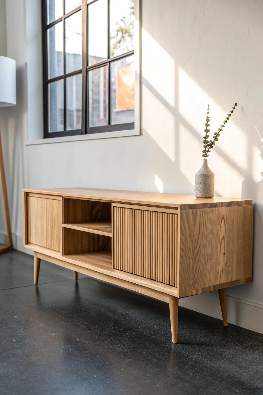 Light oak fluted TV console: minimal lines, handcrafted texture, and major small-space style.