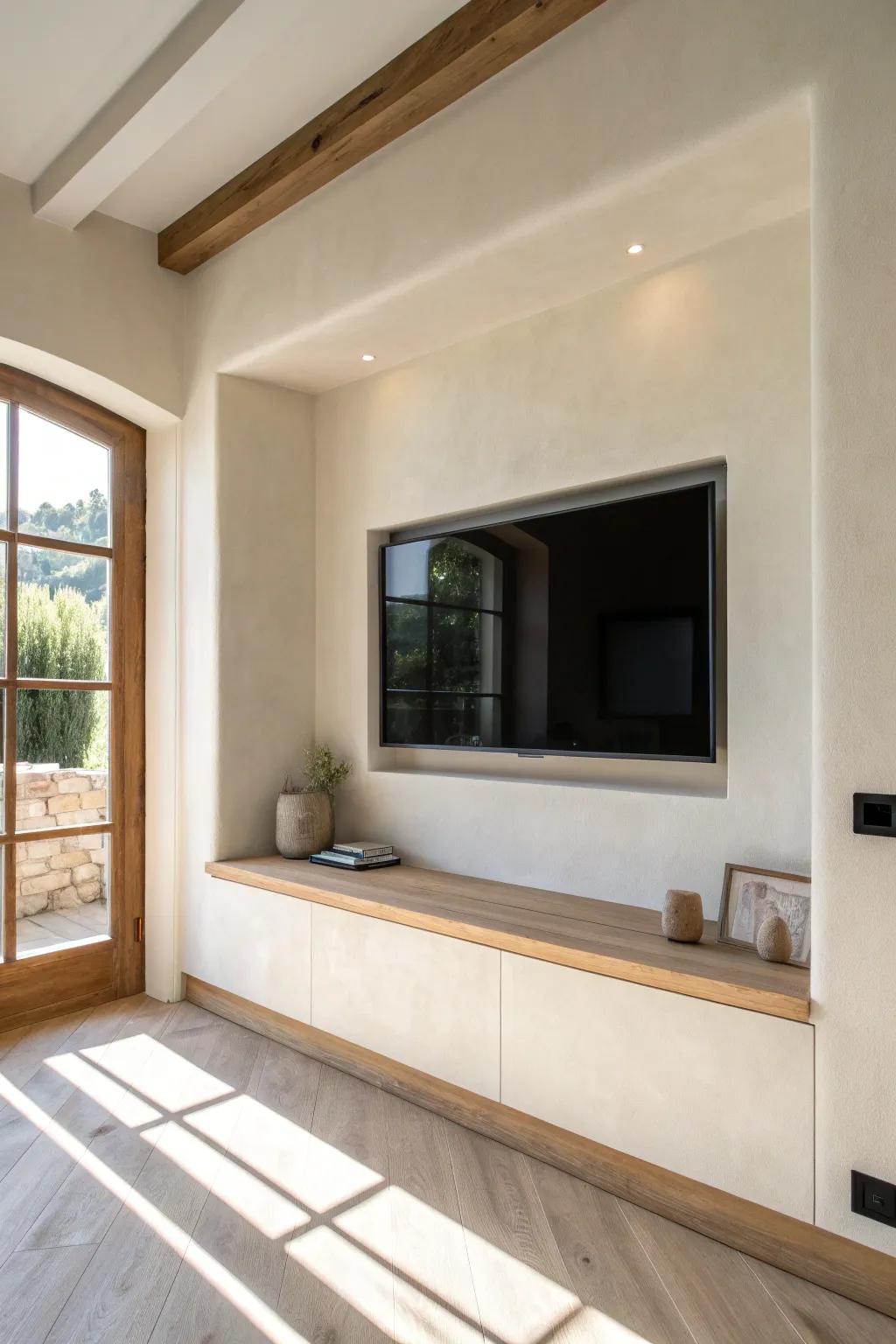 Mount your TV inside an alcove for an instant built-in look—perfect for tiny spaces.