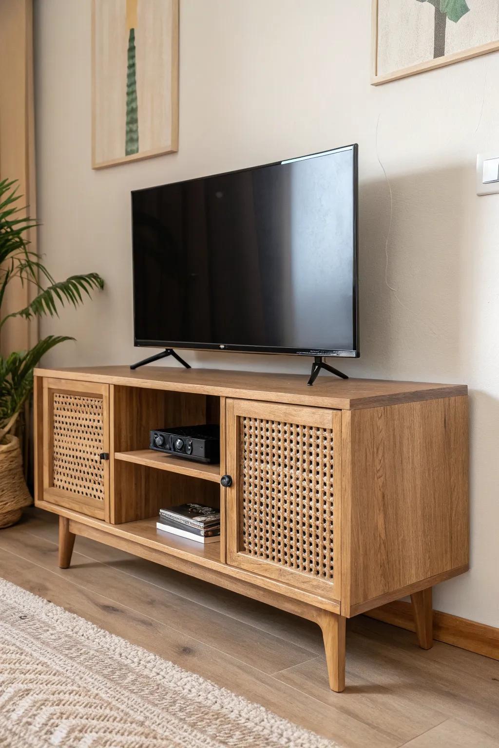 Clean lines, no cord chaos—hidden channels and a pass-through keep your TV stand serene.