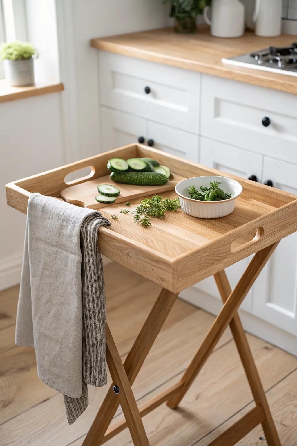 Turn a TV tray into extra kitchen prep space—minimal, chic, and perfect for small kitchens.