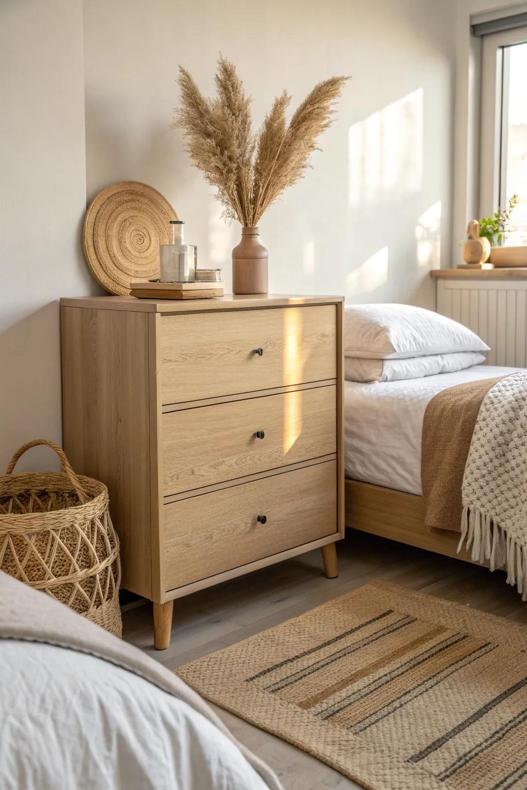 A slim dresser between twin beds adds storage, symmetry, and a stylish landing zone.