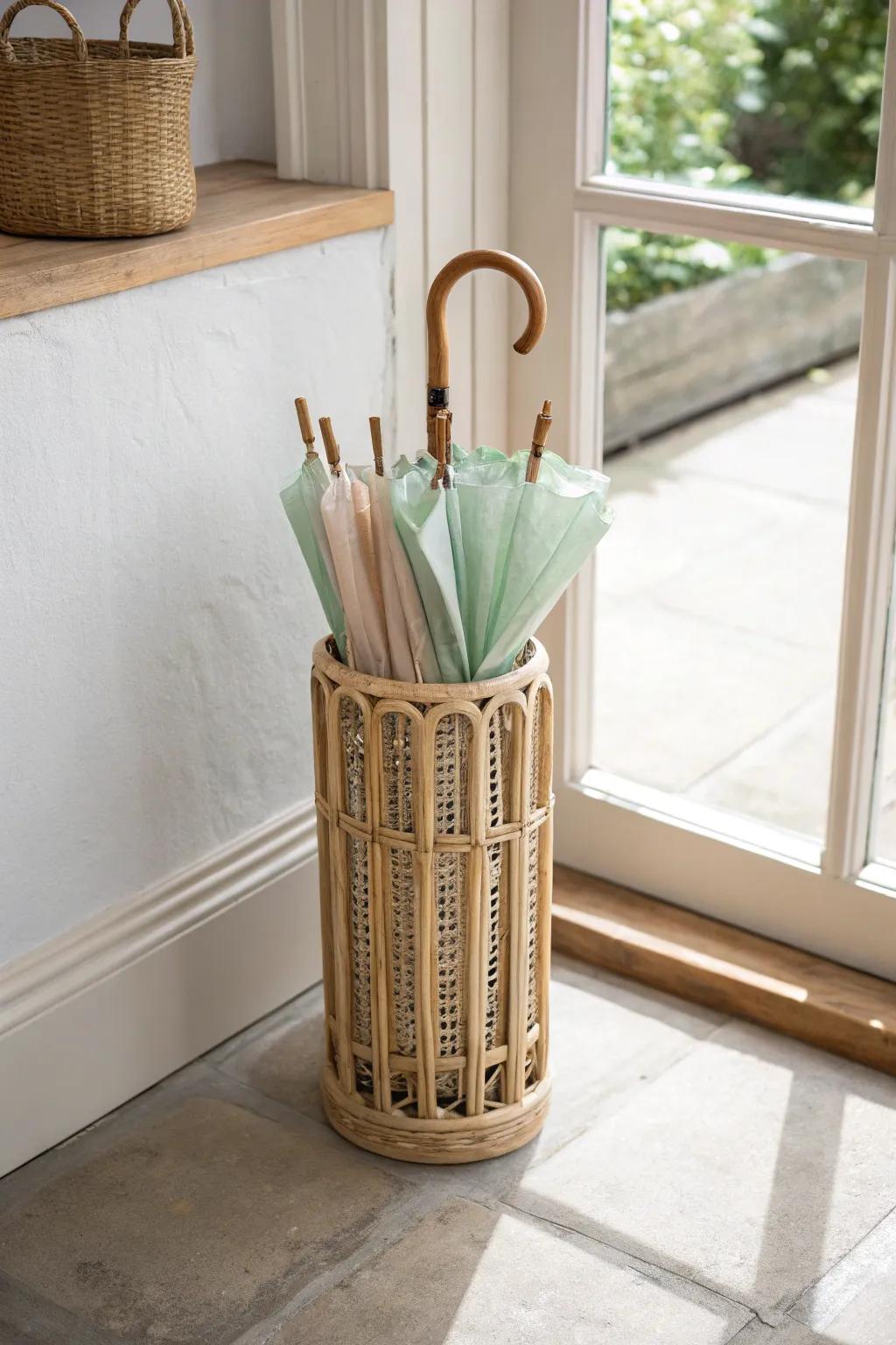 A slim umbrella caddy keeps mini umbrellas tidy—no more disappearing into the junk drawer.