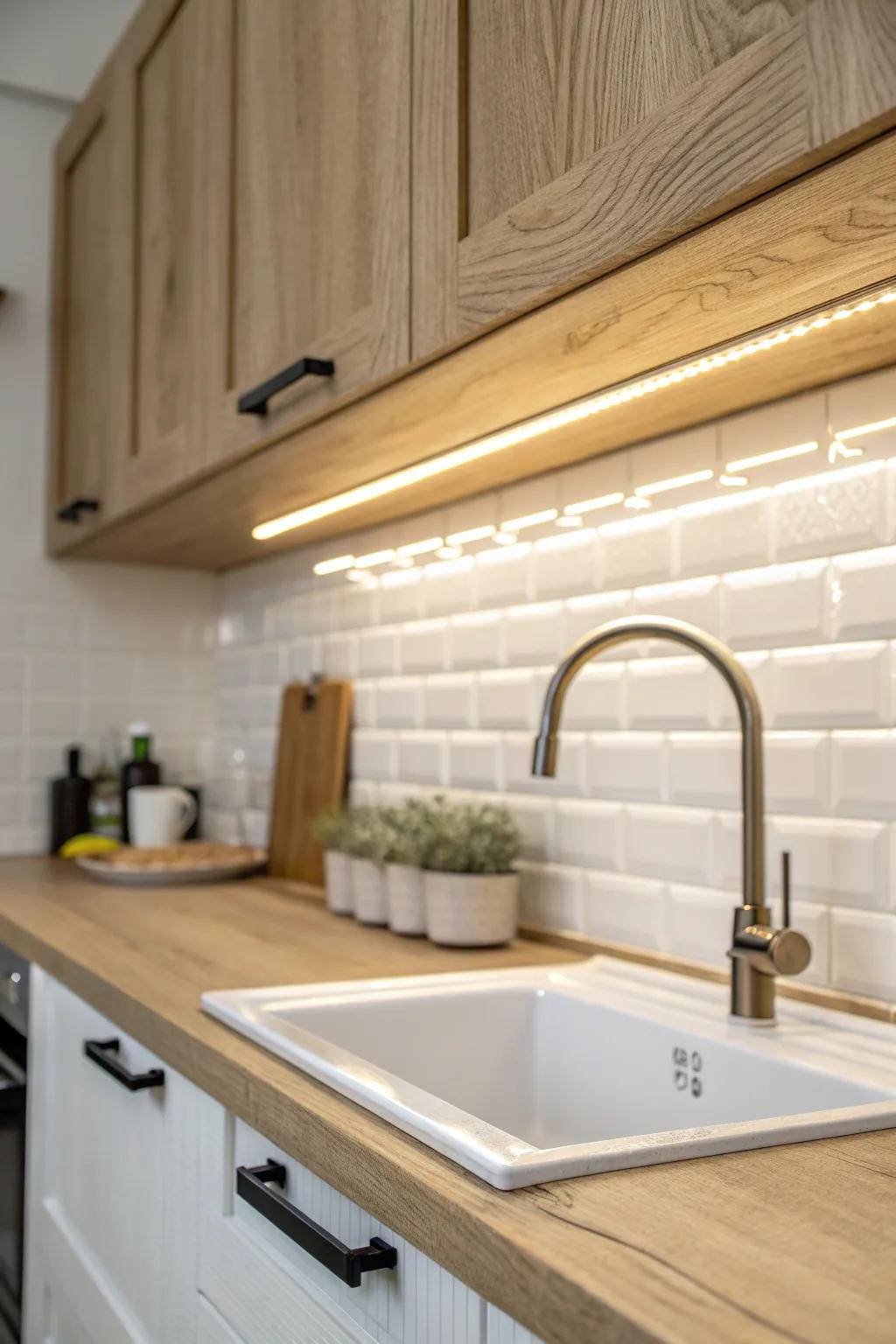 Motion-sensor under-cabinet light: warm glow by the sink, no switches needed at night.
