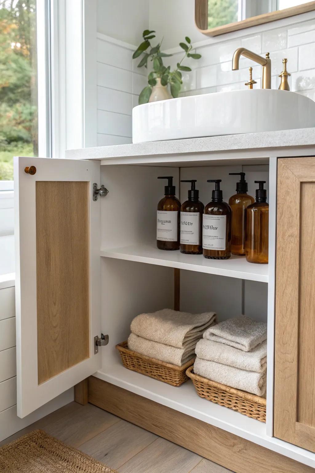 A quick middle shelf adds instant calm—no more bottle towers under the sink.