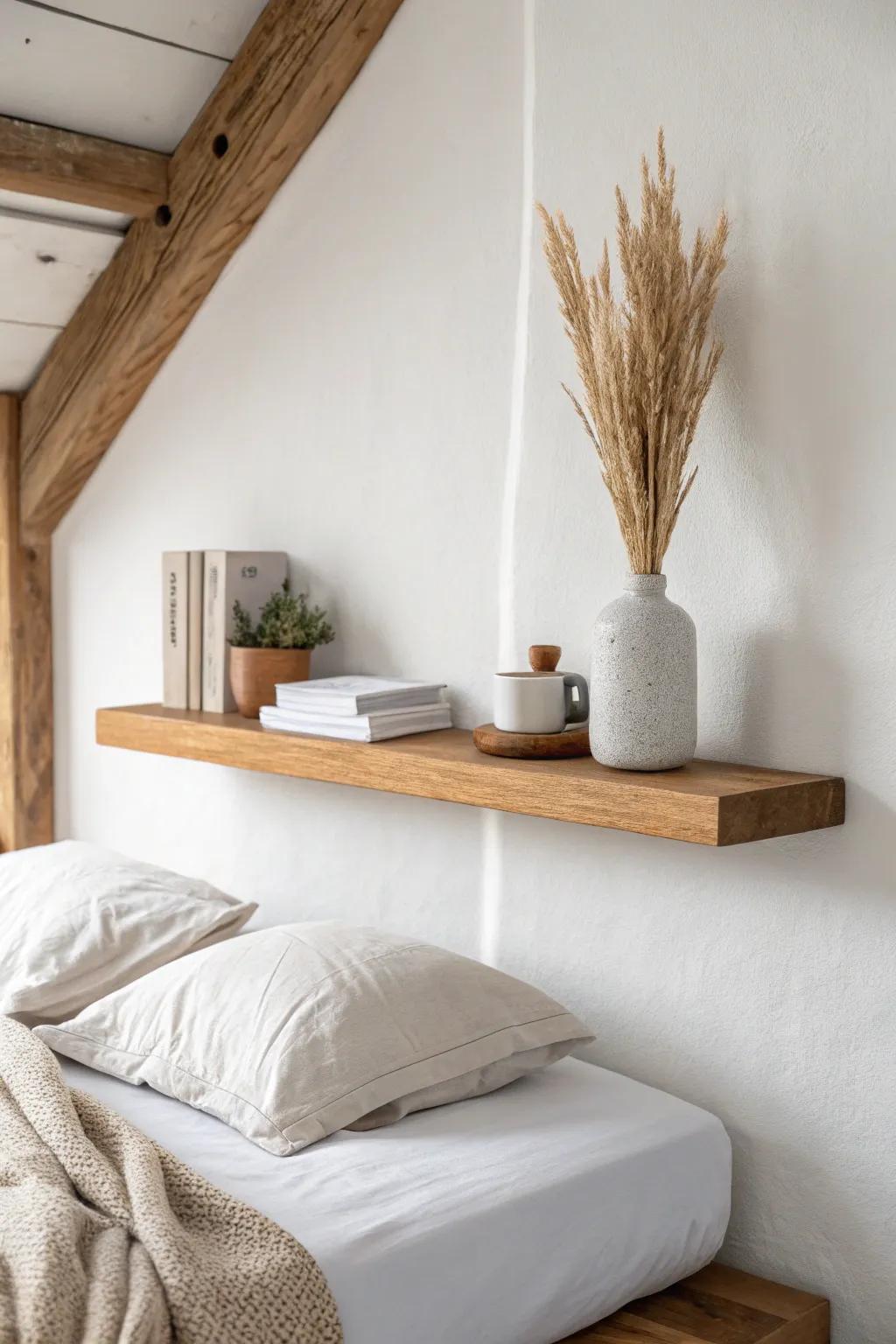 A simple floating shelf under a loft bed adds vertical storage without stealing floor space.