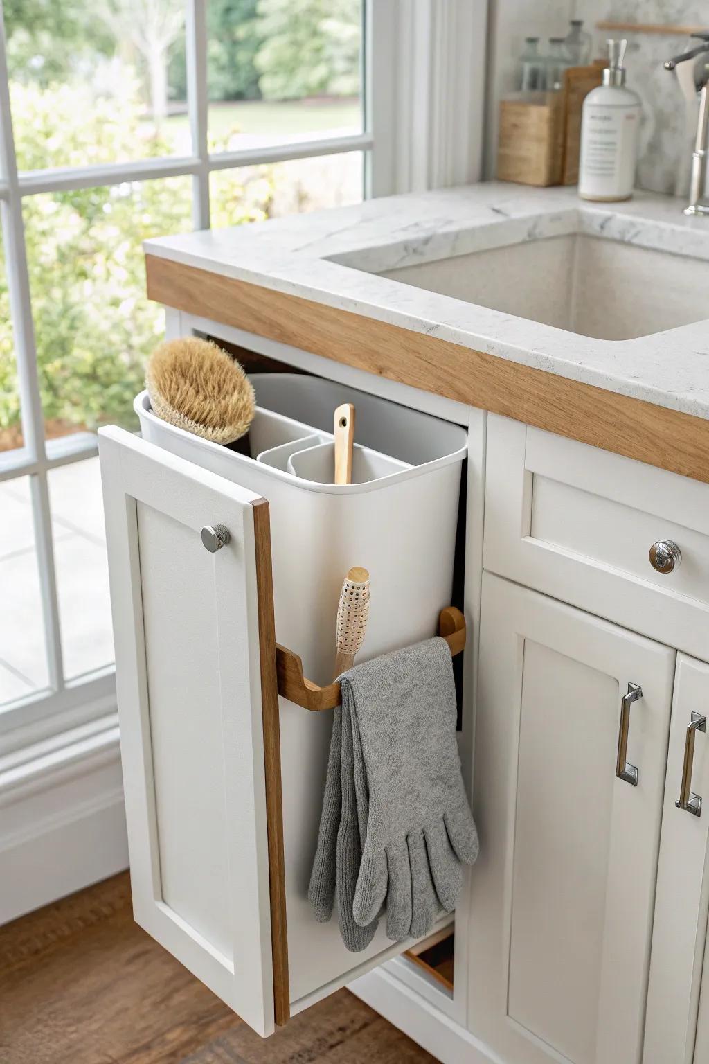 Use cabinet doors: slim bins + adhesive hooks keep gloves and brushes grab-and-go tidy.