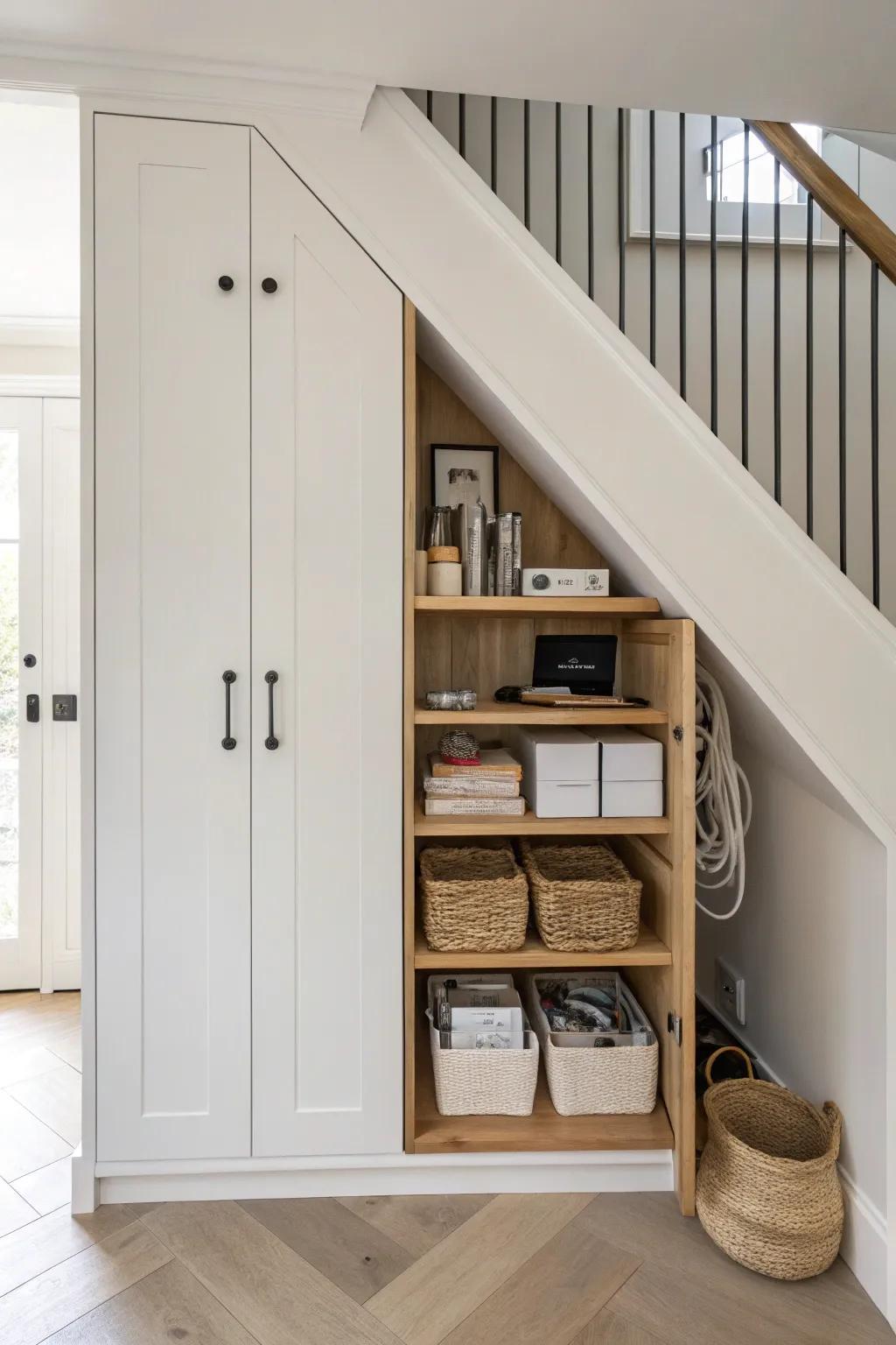 Under-stairs family command cupboard: charging, mail sorting, and keys—hidden clutter-free.