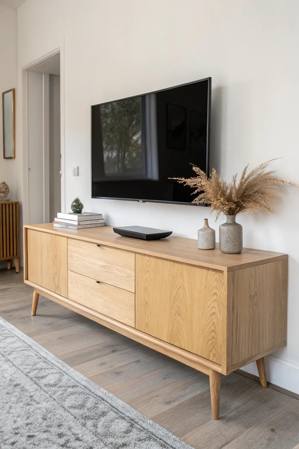 A long, low sideboard grounds the TV wall and hides chargers, manuals, and everyday clutter.