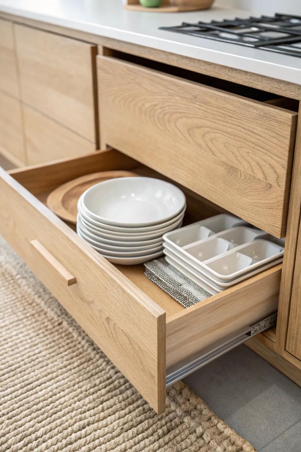 A hidden toe-kick drawer adds a whole extra storage spot for trays and baking sheets.