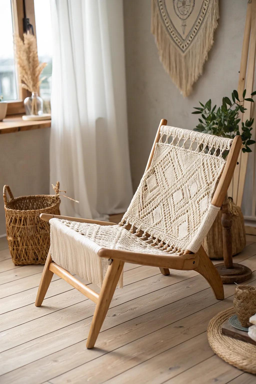 Transform your space with the boho elegance of a macramé-backed chair.