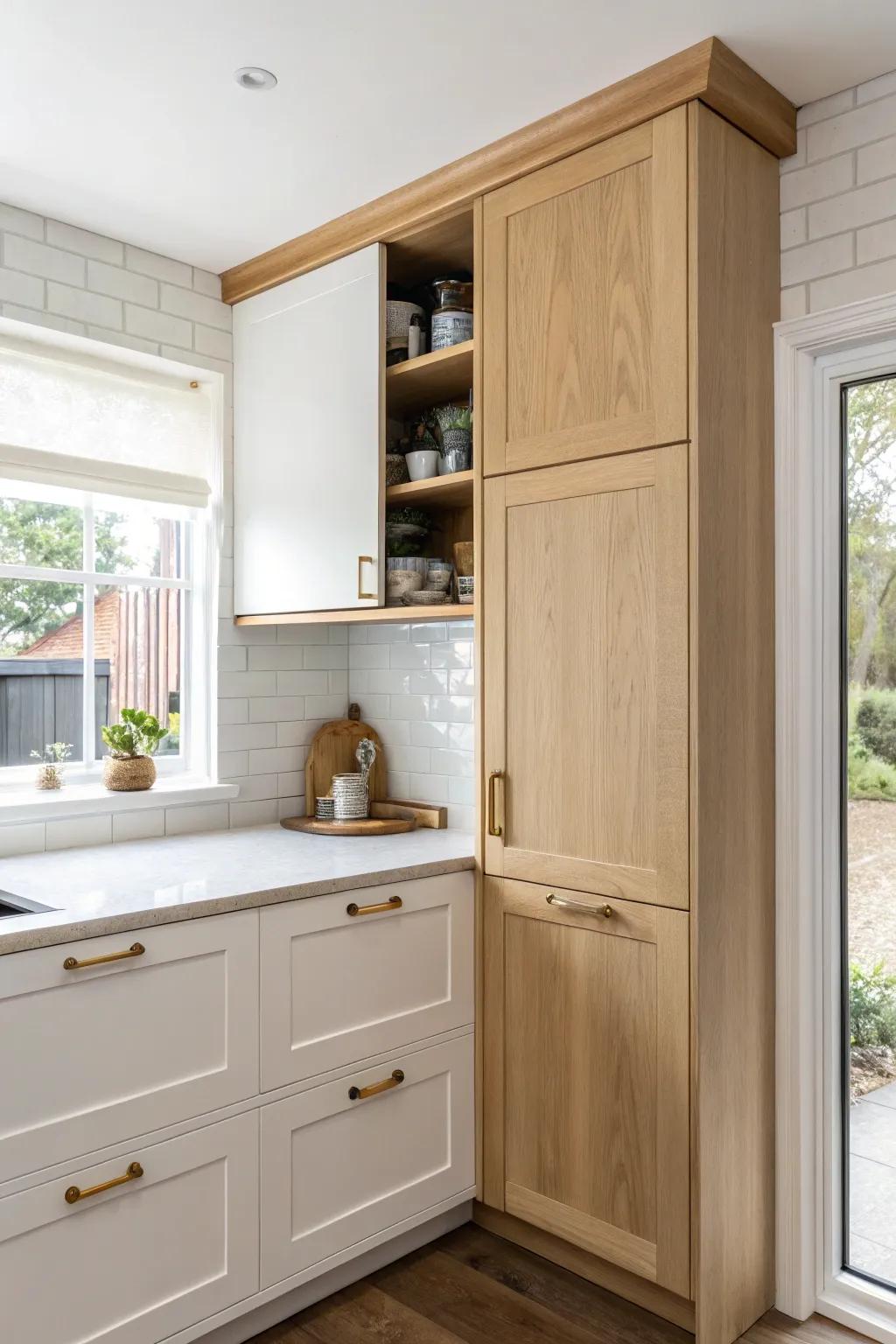 Lift-up corner cabinet door: a sleek, swing-free solution that keeps small kitchens calm.