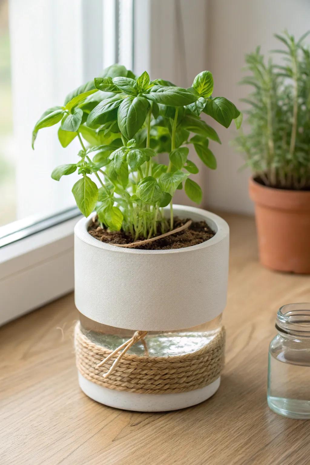 DIY wick pot: a chic self-watering planter that keeps herbs thriving between busy days.