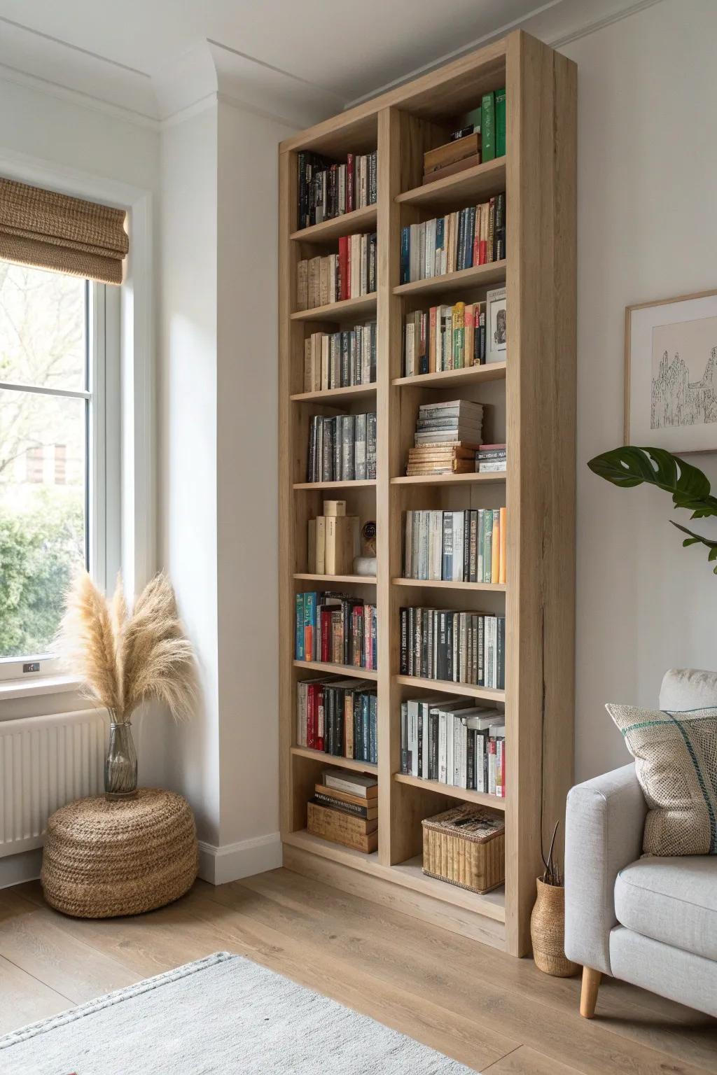 Go vertical: a color-sorted book wall that turns a tiny living room into a cozy library.