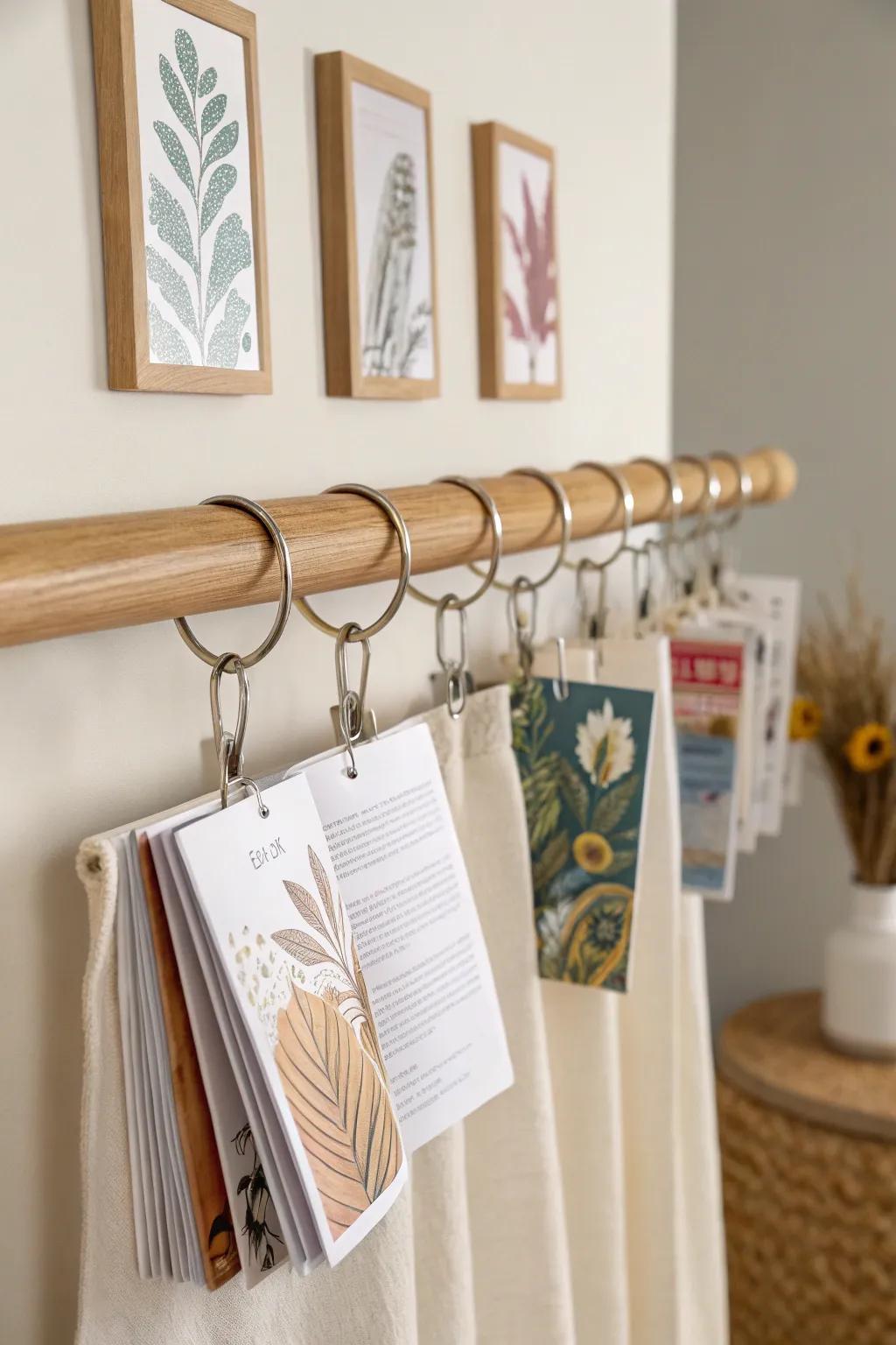 Transform shower hooks into a chic book display for your minimalist haven.