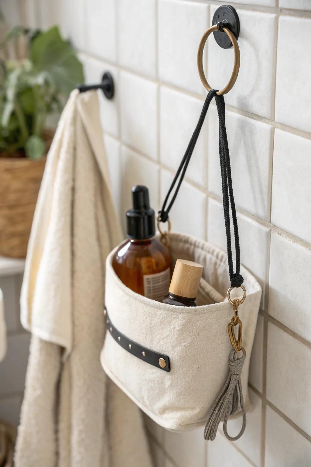 Your plan-B van life shower: a grab-and-go linen caddy for quick campground rinses.