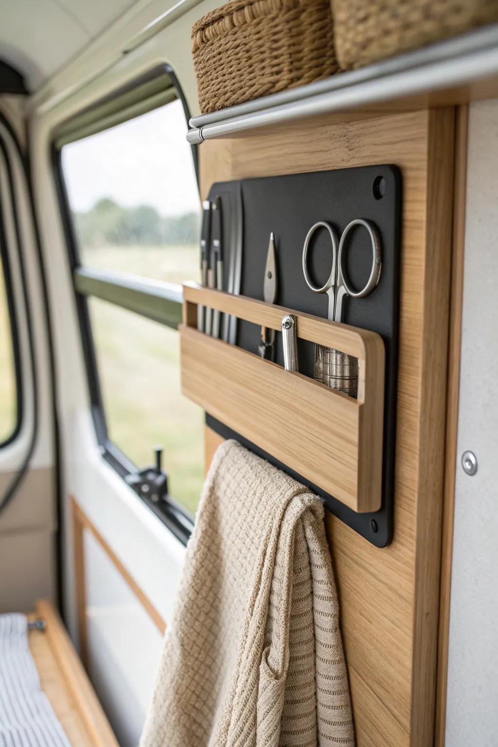 Slim magnetic strip keeps tiny metal tools visible and grab‑ready in a van kitchen nook.