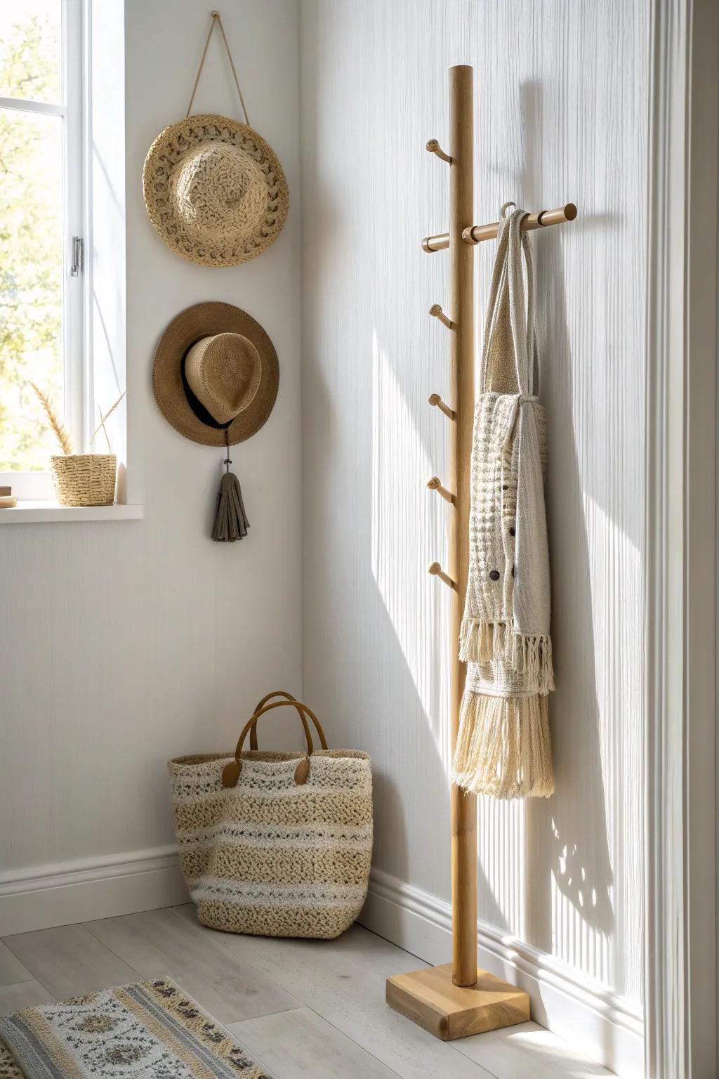 Vertical hook rail column: pretty storage for tight entryways—Scandi minimal with boho warmth.